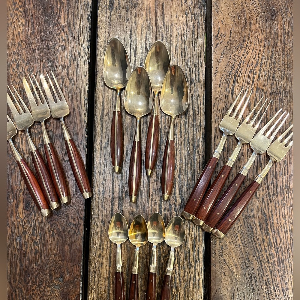 Vintage and Century Modern Rosewood & Brass Dessert Flatware 16 piece set